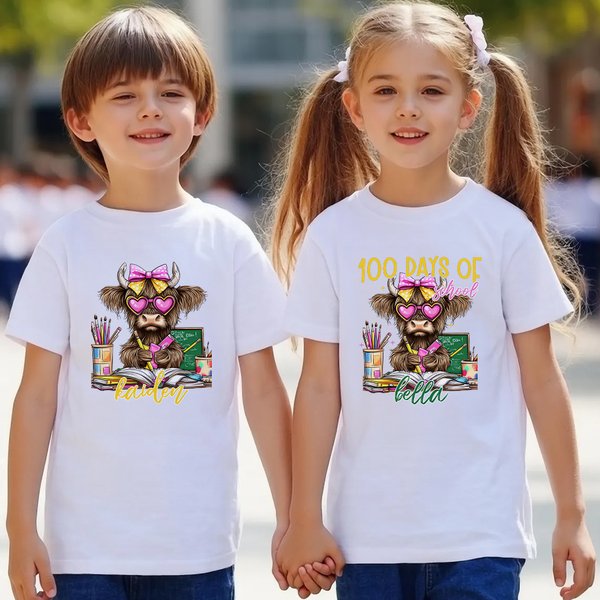 Personlig Coquette Bow Highland Cow 100% bomull barn T-shirt Sweatshirt Hoodie med namn Tillbaka till skolan Födelsedagspresent för barn