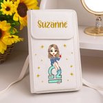 Personalisierte Mode Konstellation Cartoon Mädchen PU Leder Telefon Brieftasche Crossbody Bag mit Namen Mehrkammern Geburtstag Brautjungfer Geschenk für Frauen