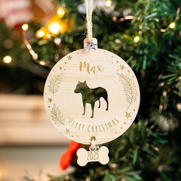 Personalisierte niedlichen hölzernen Hund Silhouette Weihnachtsschmuck mit eingraviertem Namen und Jahr Weihnachtsbaum hängende Dekoration Geschenk für Tierliebhaber