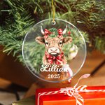 Personalised Cute Holly Wreath Plaid Bow Highland Cow Acrylic Ornament with Name and Year Christmas Tree Decor Gift for Family Kids