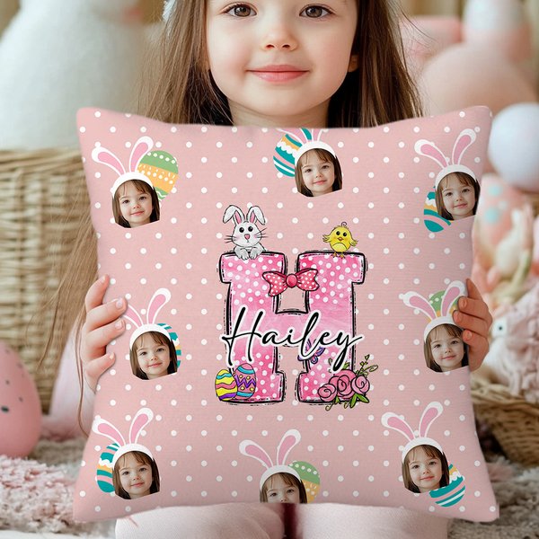 Personalised Colorful Polka Dot Cute Easter Bunny 1-3 Photos Soft Throw Pillow Cover with Name Home Decor Easter Party Gift for Boys Girls