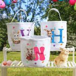 Personalizado lindo conejito de Pascua Flores Inicial cesta de lona con nombre de Pascua Huevos de Caza Fiesta de Regalo para Niños Niñas