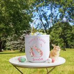 Gepersonaliseerde Happy Easter Bunny bloemen initiaal emmer tas met naam paaseieren jacht mand verjaardag vakantie feestartikelen geschenk voor kinderen