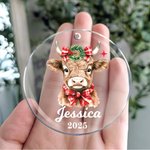 Personalised Cute Holly Wreath Plaid Bow Highland Cow Acrylic Ornament with Name and Year Christmas Tree Decor Gift for Family Kids