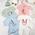 Personalised Hello World Cute Bear 100% Cotton Long-sleeve Baby Bodysuit Hat Set with Name Baby Shower Baptism Gift for Newborns