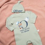 Personalised Hello World Cute Bear 100% Cotton Long-sleeve Baby Bodysuit Hat Set with Name Baby Shower Baptism Gift for Newborns