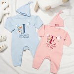 Personalised Hello World Cute Bear 100% Cotton Long-sleeve Baby Bodysuit Hat Set with Name Baby Shower Baptism Gift for Newborns