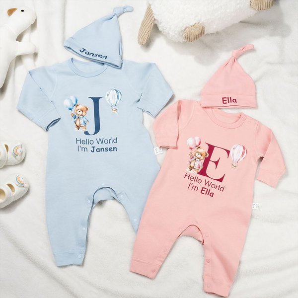 Personalized Hello World Cute Bear 100% Cotton Long-sleeve Baby Bodysuit Hat Set with Name Baby Shower Baptism Gift for Newborns