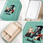 Personalized Cartoon Graduate Girl Initial Travel Jewellery Box with Name and Changing Colour LED Makeup Mirror Graduation Birthday Gift for Girls