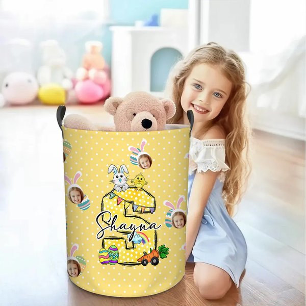 Personalized Colorful Polka Dot Bunny Chick Initial 1-3 Face Photos Laundry Storage Basket with Name and Handle Home Decor Easter Party Gift for Kids