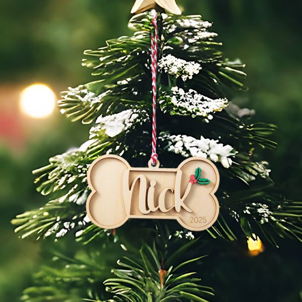 Personalizado Holly Dog Bone Wooden Ornament Stocking Tag with Text and Year Christmas Tree Decor Birthday Gift for Pet Lovers