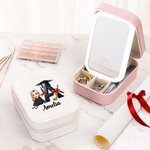 Personalized Cartoon Graduate Girl Initial Travel Jewellery Box with Name and Changing Colour LED Makeup Mirror Graduation Birthday Gift for Girls