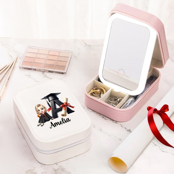 Personalized Cartoon Graduate Girl Initial Travel Jewelry Box with Name and Changing Color LED Makeup Mirror Graduation Birthday Gift for Girls