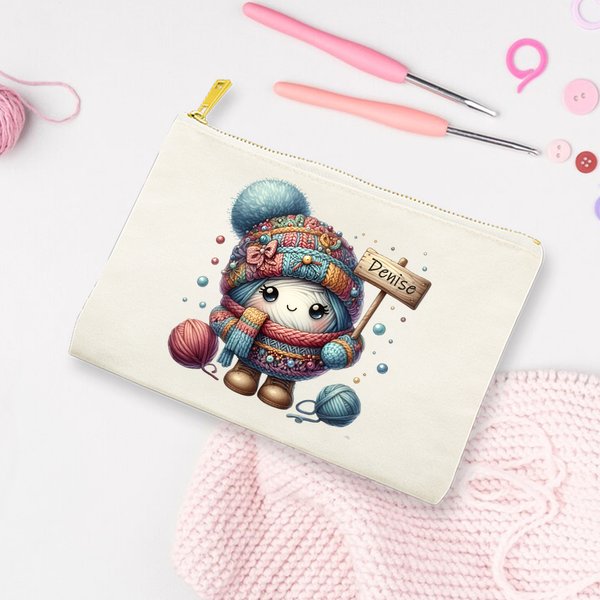 Personalized Cartoon Crochet Pattern Canvas Makeup Bag with Name and Zipper Crochet Accessory Birthday Gift for Knitting Lovers