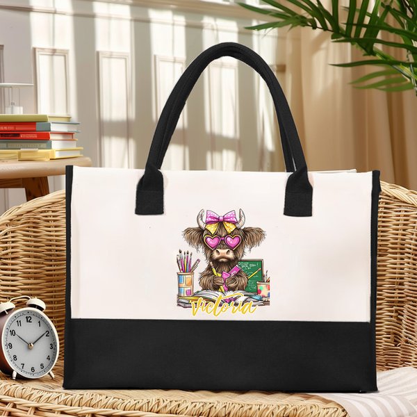 Personlig Bow Highland Cow Learning Element Large Canvas Tote Bag med namn Födelsedag Lärarens dag Tacksamhet Present för lärare Elever