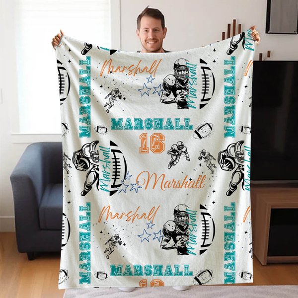 Personalized Multicolor American Football Player Design Soft Throw Blanket with Name and Number Home Decor Birthday Anniversary Gift for Sports Lovers