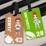 Personalized Basketball Football Cartoon Character Luggage Tag with Name and Number Birthday Travel Essentials Gift for Sport Lovers