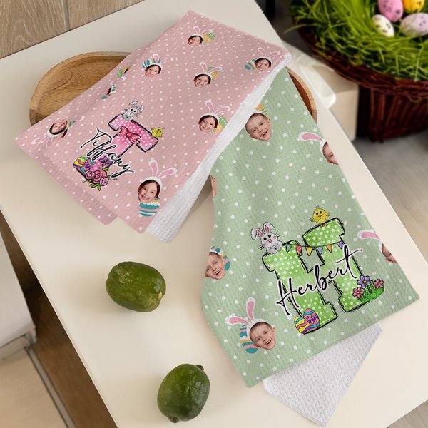 Personalized Colorful Polka Dot Bunny Ears 1-3 Face Photos Quick Dry Waffle Tea Towel with Initial and Name Easter Dining Decor Gift for Kids Family