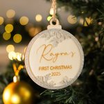 Personalizzato primo Natale del bambino fiocco di neve glitterato appeso ornamento con nome inciso e data regalo di Natale per il neonato