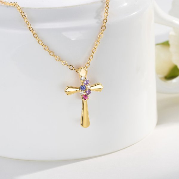 Personalized Dainty Zircon Cross Necklace with 1-4 Birthstones Religious Jewelry Birthday Baptism Mother's Day Gift for Women Christian