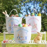 Gepersonaliseerde Happy Easter Bunny bloemen initiaal emmer tas met naam paaseieren jacht mand verjaardag vakantie feestartikelen geschenk voor kinderen