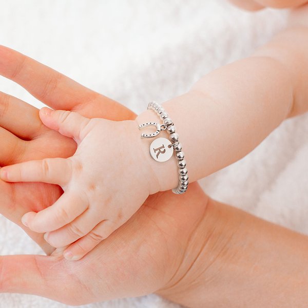 Personalized Lucky Horseshoe Elastic Bead Bracelet Jewellery with Initial Birthday Baptism Anniversary Gift for Kids Adults