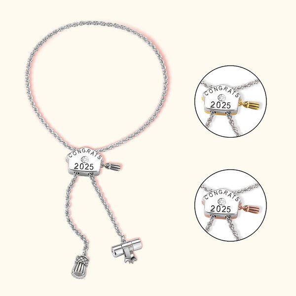 Gepersonaliseerde Gefeliciteerd Afstuderen Cap Bolo Verstelbare Geboortesteen Armband met Gegraveerde Jaar en kwastjes Diploma Klasse van 2025 Gift voor Afgestudeerde