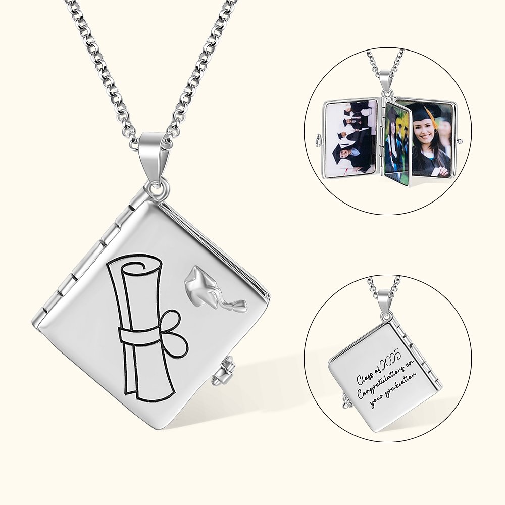 Collier avec Photos Personnalisées Pendentif d'Argent en Forme de Livre Cadeau pour Diplômé Souvenir de Graduation