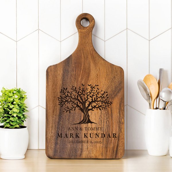 Personalized Engraved Tree of Life Reversible Charcuterie Cutting Board with Grip and Text Housewarming Wedding Gift for Family