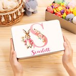 Scatola di latta per biscotti personalizzati con nome e iniziali, coniglietto floreale carino, regalo di Pasqua per ragazzi e ragazze.
