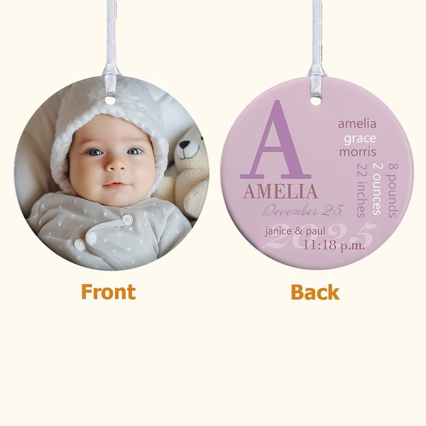 Adorno colgante de cerámica personalizado con foto de bebé y estadísticas de nacimiento Decoración para el hogar Primer regalo de Navidad del Día de la Madre para la nueva mamá Abuelos