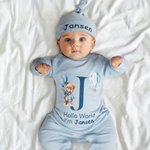 Personalised Hello World Cute Bear 100% Cotton Long-sleeve Baby Bodysuit Hat Set with Name Baby Shower Baptism Gift for Newborns