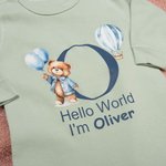 Personalised Hello World Cute Bear 100% Cotton Long-sleeve Baby Bodysuit Hat Set with Name Baby Shower Baptism Gift for Newborns