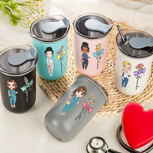 Personnalisé Cartoon Character Bow Birth Flower 10 oz Insulated Tumbler with Name and Straw Appreciation Birthday Gift for Nurse Doctor Medical Staff