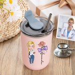 Personalized Cartoon Character Bow Birth Flower 10 oz Insulated Tumbler with Name and Straw Appreciation Birthday Gift for Nurse Doctor Medical Staff