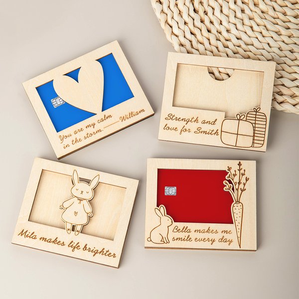 Personalized Engraved Cake Elf Bunny Wooden Greeting Gift Card Holder with Text and Name Birthday Easter Mother's Day Gift for Family Friends