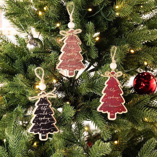 Personalized Wooden Christmas Tree Ornament with Engraved Year and 2-6 Names Christmas Tree Decor Gift for Family