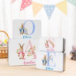 Scatola di latta per biscotti personalizzati con nome e iniziali, coniglietto floreale carino, regalo di Pasqua per ragazzi e ragazze.