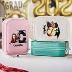 Personalized Cartoon Graduate Girl Initial Travel Jewellery Box with Name and Changing Colour LED Makeup Mirror Graduation Birthday Gift for Girls