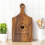 Personalised Heart Wreath Wood Bamboo Reversible Cheese Charcuterie Chopping Board with Grip and Name Date Housewarming Wedding Gift for Family Couple