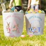 Gepersonaliseerde Happy Easter Bunny bloemen initiaal emmer tas met naam paaseieren jacht mand verjaardag vakantie feestartikelen geschenk voor kinderen