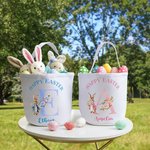 Gepersonaliseerde Happy Easter Bunny bloemen initiaal emmer tas met naam paaseieren jacht mand verjaardag vakantie feestartikelen geschenk voor kinderen