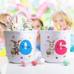 Personalizado lindo conejito de Pascua Flores Inicial cesta de lona con nombre de Pascua Huevos de Caza Fiesta de Regalo para Niños Niñas