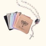 Personalized Birth Flower Cross Leather Squeeze Pouch Rosary Pouch Storage Bag with Name Communion Baptism Gift for Christians