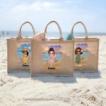 Personalisierte Sommer Jute-Strandtasche mit Cartoon-Motiv und Namensgravur Große Tragetasche Tote Bag für Strand Party Geburtstag Geschenk für Damen
