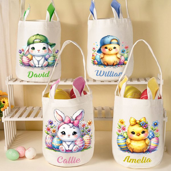 Personalised Cute Rabbit Chick Floral Bunny Ears Design Basket Bag with Name Easter Egg Hunt Party Favors Gift for Boys Girls