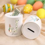 Personalisierte Floral Initial Peter Rabbit Keramik Spardose mit Namen Ostern Geburtstag Geschenk für Jungen Mädchen