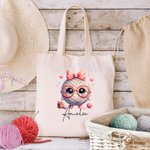 Personalised Cute Bow Glass Yarn Ball Canvas Tote Bag with Name Birthday Mother's Day Gift for Women Crochet Enthusiasts