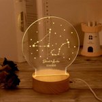 Veilleuse Lumière LED Personnalisée avec Nom et Zodiaque Base en Bois Décoration de Bureau Cadeau Mariage St Valentin pour Couple