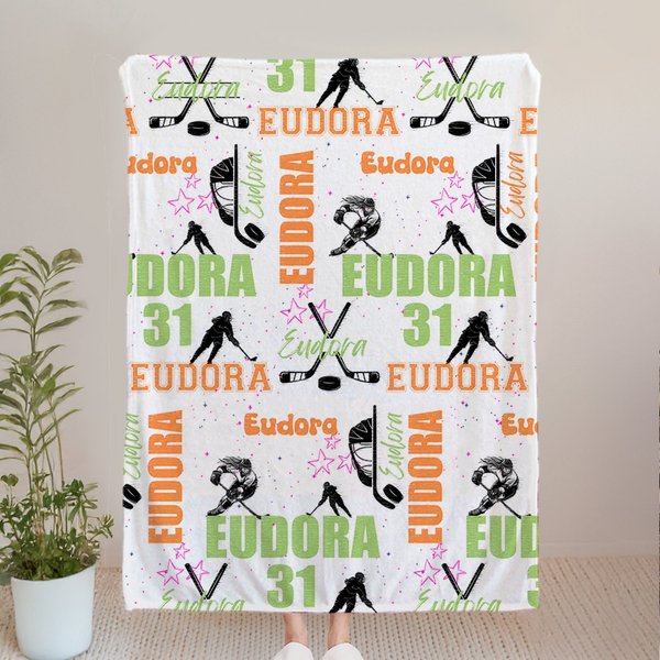 Couverture personnalisée multicolore en forme de fille de hockey sur glace avec nom Cadeau d'anniversaire pour les amoureux du sport et du hockey sur glace